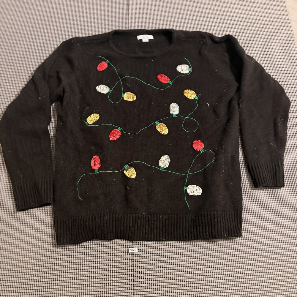 Croft & Barrow Womens Black Sequin Christmas Holiday Light Sweater Size L